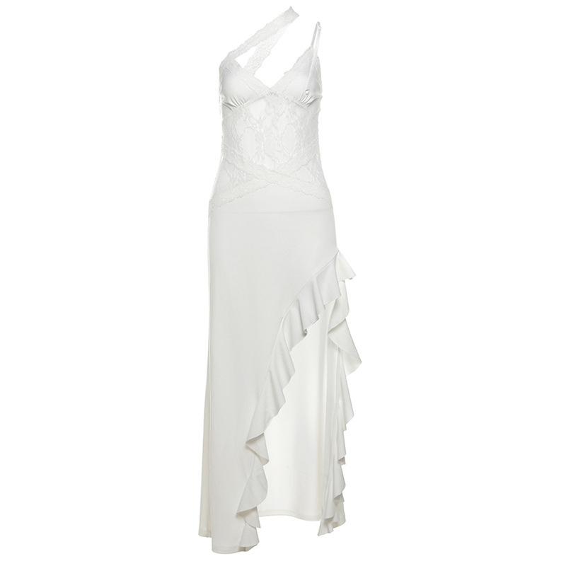 Сексуальное платье-слинг с косым воротником, женское кружевное лоскутное платье с открытой спиной и рукавами, облегающее длинное платье 2025 года, новое женское вечернее платье с оборками и разрезом