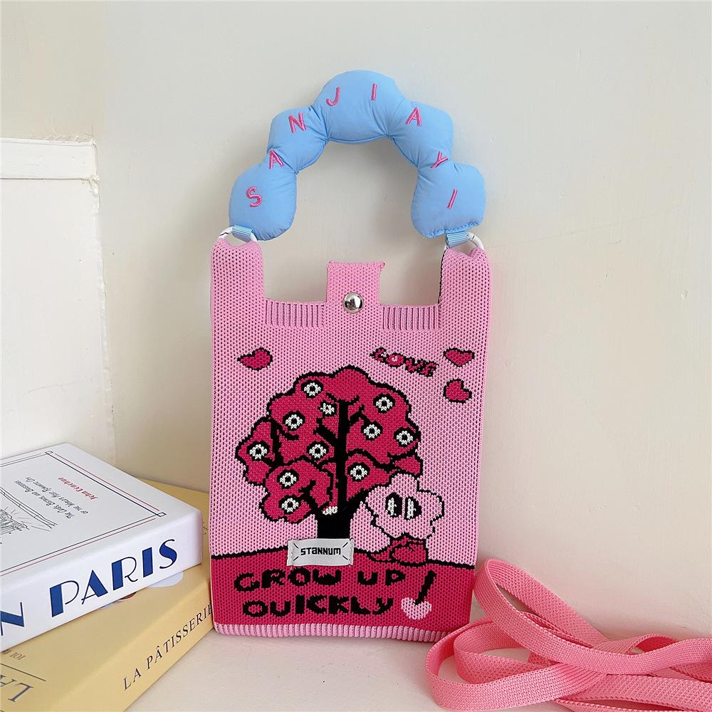 Knitted Mobile Phone Bag For Women In Spring And Autumn Cute Cartoon Versatile One Shoulder Diagonal Cross Bag Travel Coin Purse Small Handbag