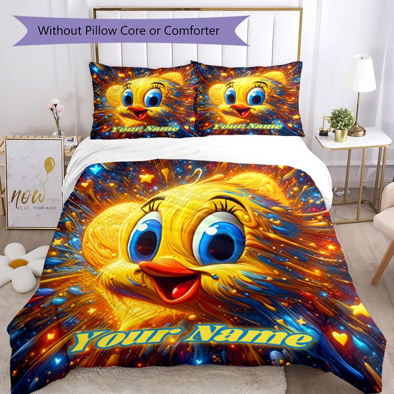 3pcs Custom Name "Golden Starburst Bird Art" Bedding Set Printed Bedding Set Duvet Cover Closure Includes 1 Duvet Cover & 2 Pillowcases Bedroom Decor