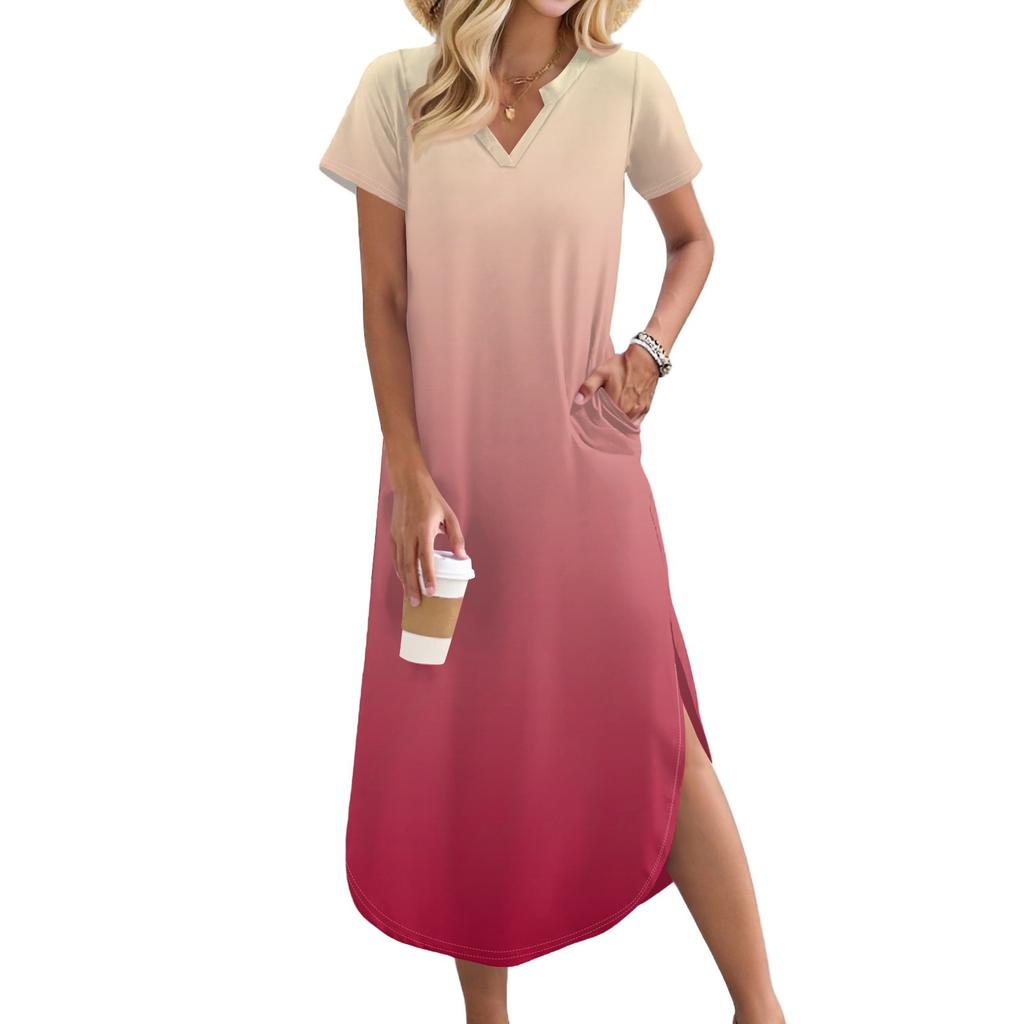 Women's Long Skirt Casual V-neck Long Shirt Dress Loose Slit Holiday Short Sleeve Dress