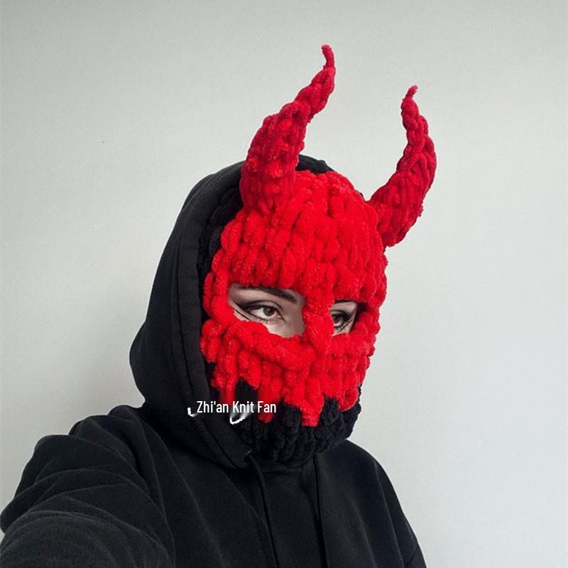 New Hand-Knitted Velvet Rabbit Ear Hat with Devil Horns - Warm, Thick, Sweet, and Stylish Spicy Girl Face Mask