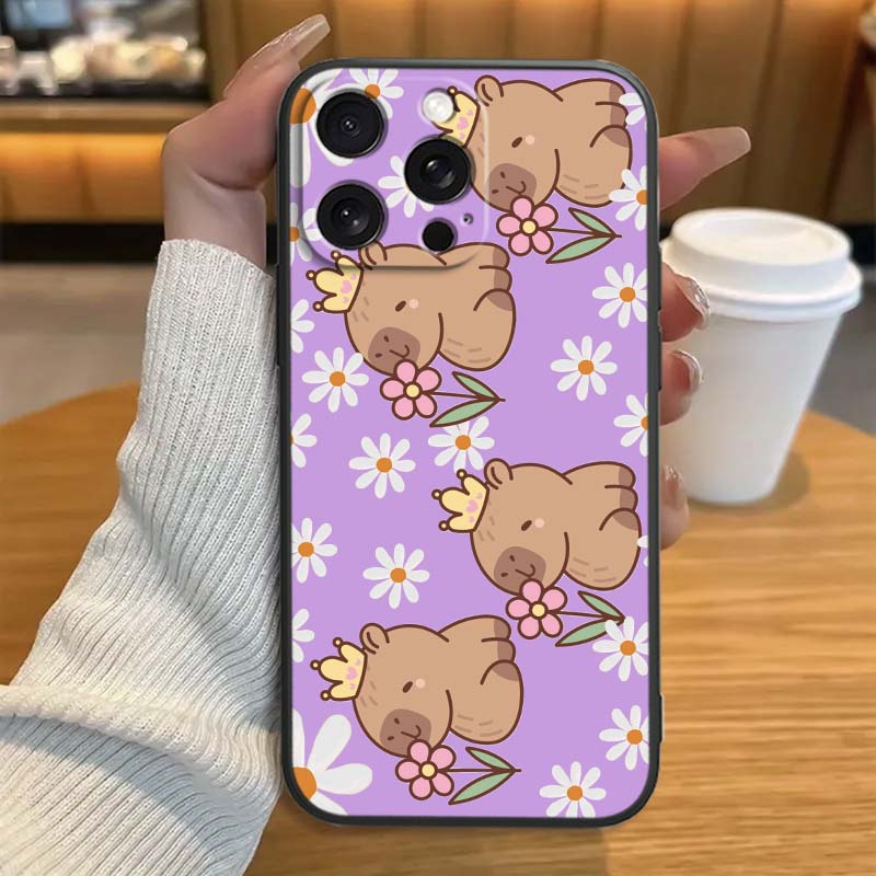 Мультяшная Аниме Капибара Арт Чехол для Телефона Для Apple iPhone 17 16 16E 15 14 13 12 11 Pro Max Plus Черный Мягкий Силикон