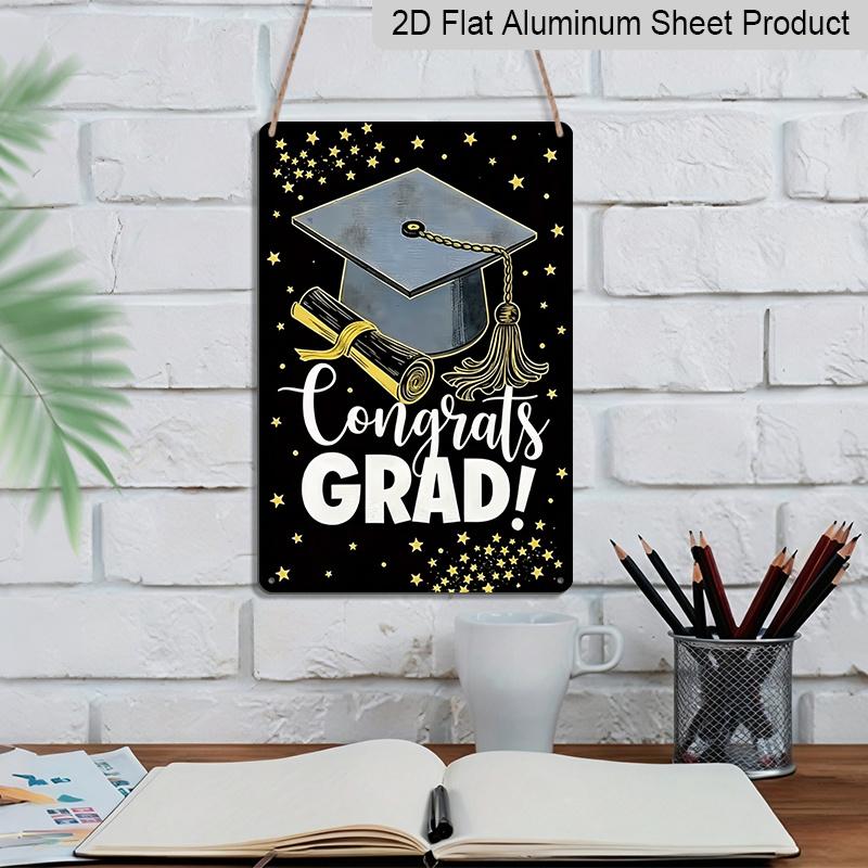 2D Flat, 1pc "Congrats Grad!" Metal Wall Art Sign with Graduation Cap & Diploma - 8*12 Inch Aluminium Black & Gold Graduation Decor, Stars Themed