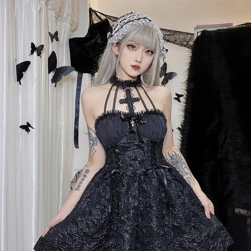 Goth Dark Mall Gothic Emo Жаккардовые платья А-силуэта Элегантные гранжевые рюшевые бандажные праздничные наряды Панк Черное женское платье для клуба на Хэллоуин