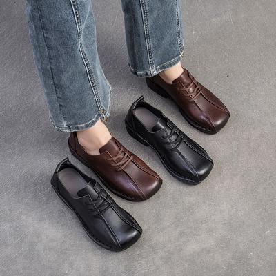 GKTINOO 2025 Осень Новые Туфли-лодочки из натуральной кожи с круглым носком, легкие, повседневные, на среднем каблуке, универсальные, с мягкой подошвой, на шнуровке, женские