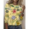 Round Neck 3D Flower Printed Top Casual Long Sleeved Women's T-shirts - Soft Medium Stretch Polyester Fabric Spring and Autumn Relaxed Fit Clothing