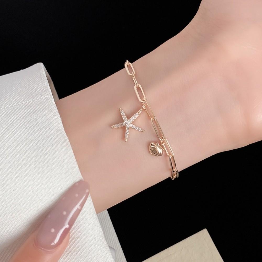 Copper Zircon Bohemian Shell Bangle Ornaments Beach Hand Chain Metal Shell Starfish Bracelet  Beach