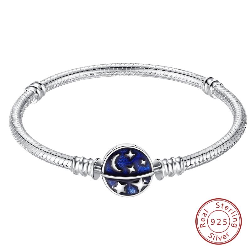 Браслеты из серебра 925 пробы 'Навсегда Любовь' Персиковое Сердце, Звезда, Луна, Самолет, Земля для Женщин, Подходят для DIY Шармов, Вечерние Украшения