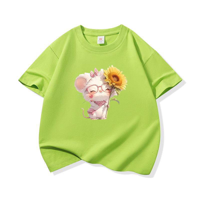 Kids Cotton T Shirt Cute Mouse With Sunflower Flower Print Crew Neck Short Sleeve Tee Casual Boys Girls Summer Tops