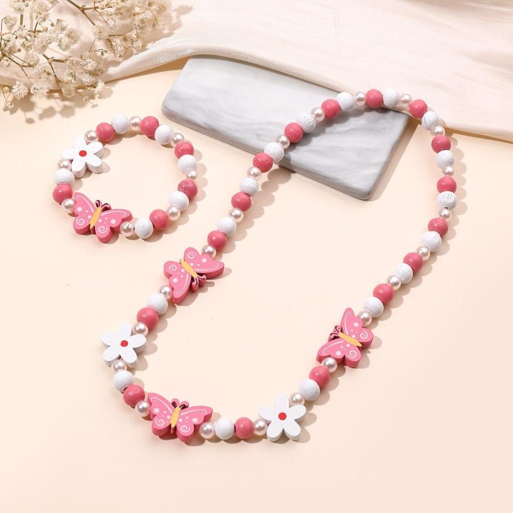 2pcs Cute Cartoon Wood Beads Necklace Animal Shape Children's Necklace Bracelet Jewelry Set