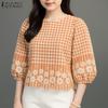 Женская повседневная блузка с круглым вырезом и рукавом 3/4, свободная клетчатая блузка