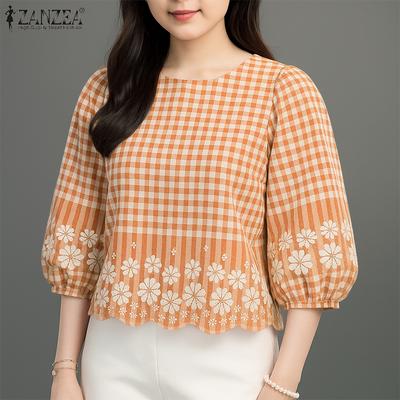 Женская повседневная блузка с круглым вырезом и рукавом 3/4, свободная клетчатая блузка