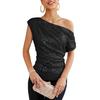 Women Tops Off-Shoulder Skew Collar Shiny Sequins Pullover Tops Soft Elastic Regular Fit Gown Tops Party Wear