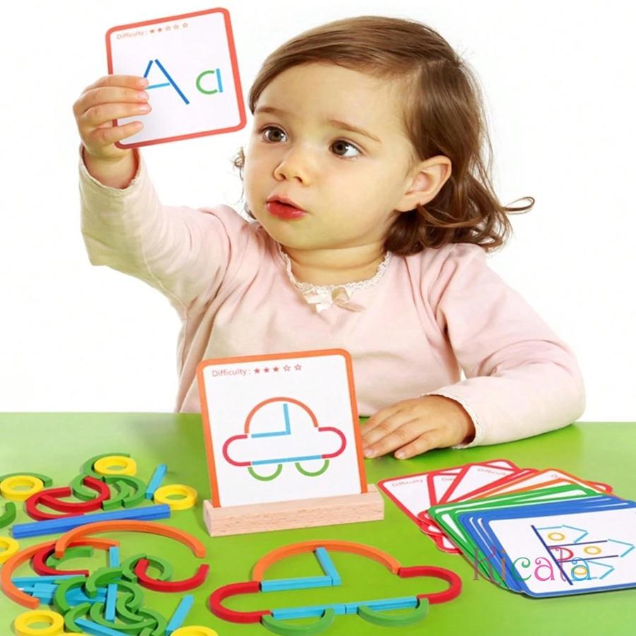 Montessori Toys Movable Letter Shapes Learning Toy Geometric Wooden Rings and Sticks Blocks Set Educational Toys for Toddlers