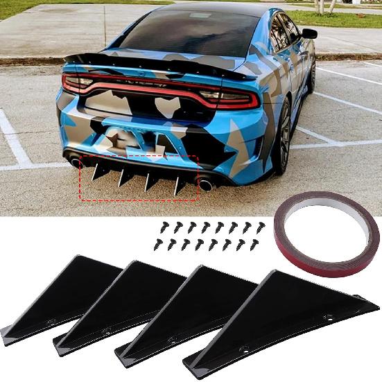 Gloss Black 4Pcs Universal Curved Shape Rear Bumper Diffuser Shark Fin Spoiler Trim Covers Decoration Set Lip Wing Splitter