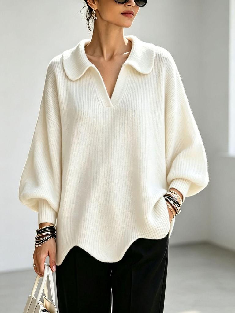 Women's Casual Solid Color Knit Sweater - Long Sleeve Pullover