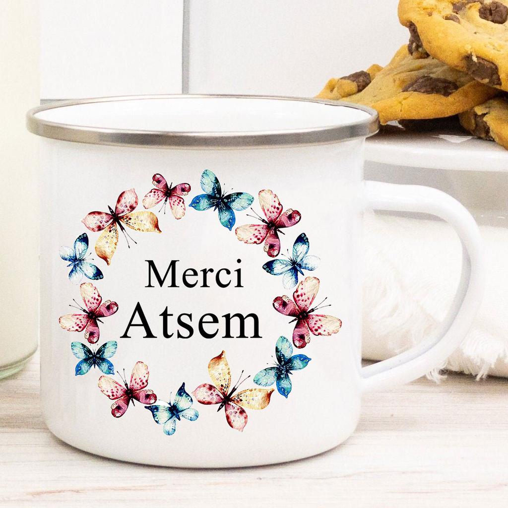Французский Спасибо Atsem Принт Эмалированные Кружки Креативная Кофейная Кружка Напиток Сок Молоко Чашки Школа Дом Ручка Посуда Подарки Учителю