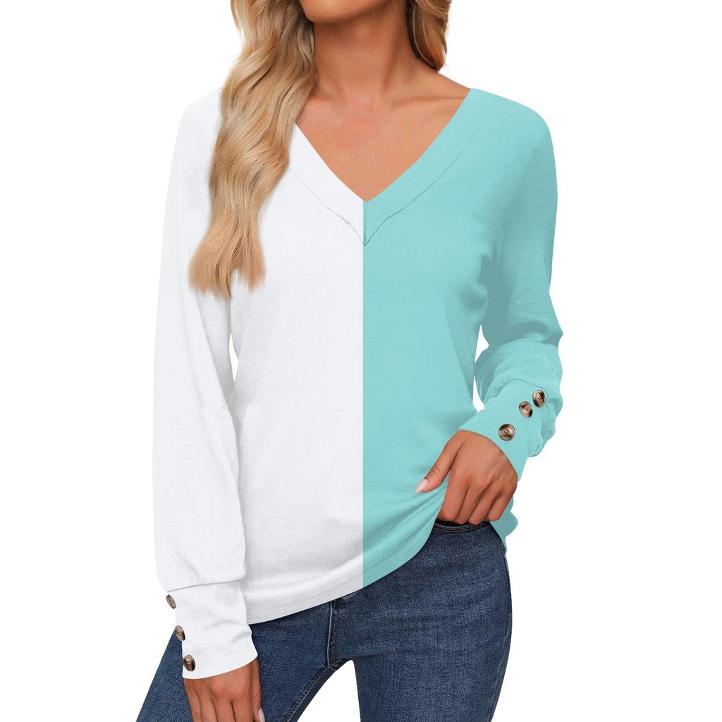 Женская повседневная модная рубашка с длинными рукавами и манжетами на пуговицах, свободная футболка с V-образным вырезом, осенняя одежда