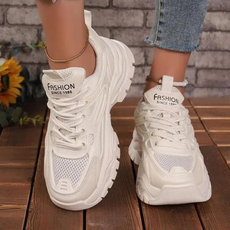 Spring Summer Purple Women Breathable Comfortable Thick Sole Casual Sneakers Fashion Hollow Mesh Lace Up Female Wedges Shoes
