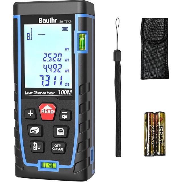Laser Measure, Bauihr 165ft Laser Distance Meter, Portable Laser Measurement Tool with 2 Bubble Levels, Large Backlit LCD Display, Allowing