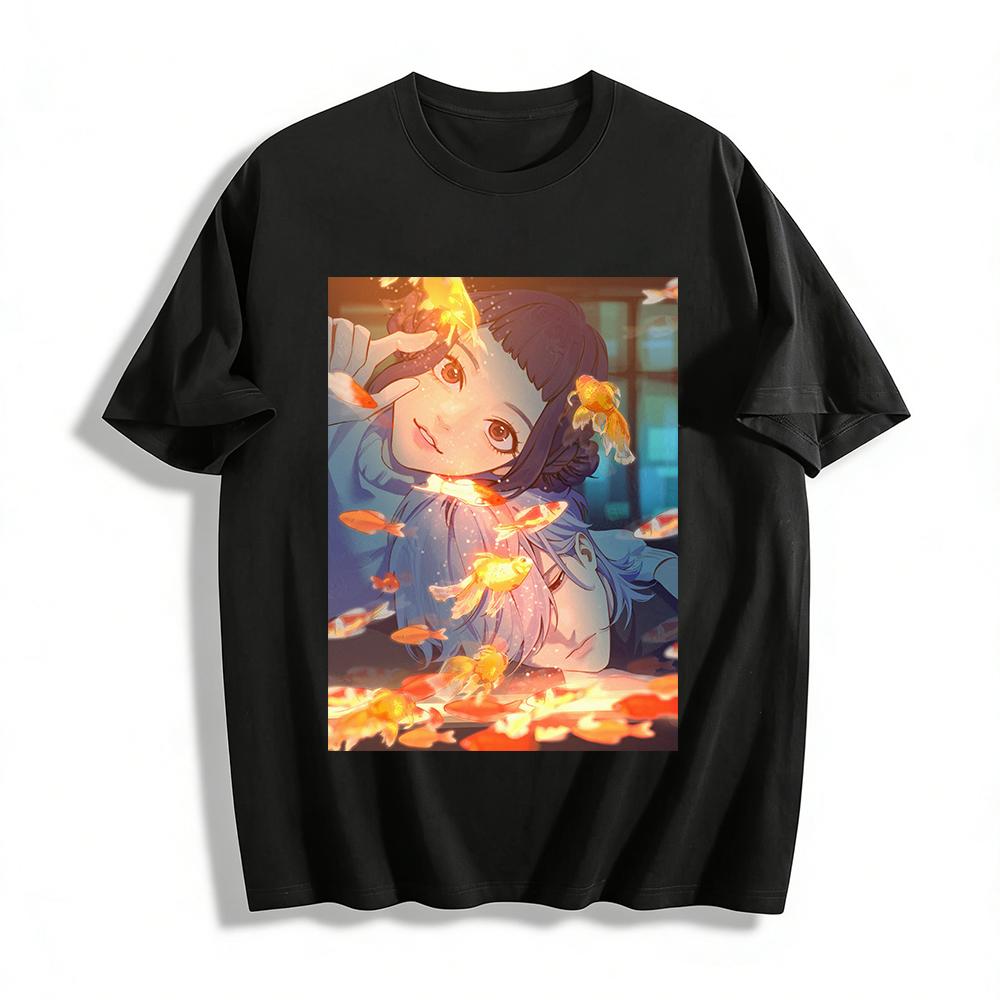Anime Style T-Shirt with Goldfish & Couple Print Unisex Loose Casual Top for Anime Fans Pure cotton T-shirt