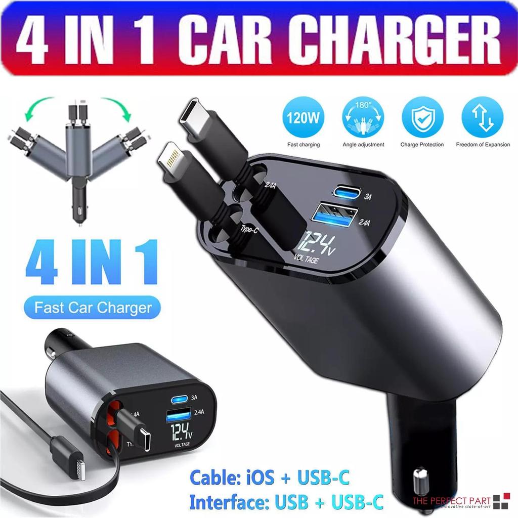 120 Вт выдвижное автомобильное зарядное устройство 4 в 1 USB C быстрая зарядка автомобильный адаптер для розетки зарядного устройства