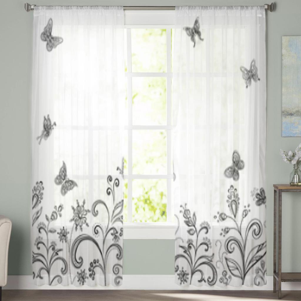 Прозрачные шторы с абстрактными цветами и бабочками для окна гостиной, прозрачная вуаль, тюлевая занавеска, шторы для спальни, домашний декор