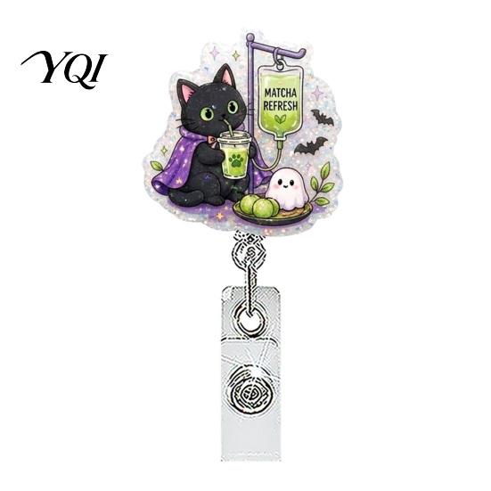 Acrylic Id Badge Reel Halloween Retractable Reel, Ghost Black Cat And Pumpkin Design, Decorative 360 Degree Rotating ID Holder for Nurses Office Staff