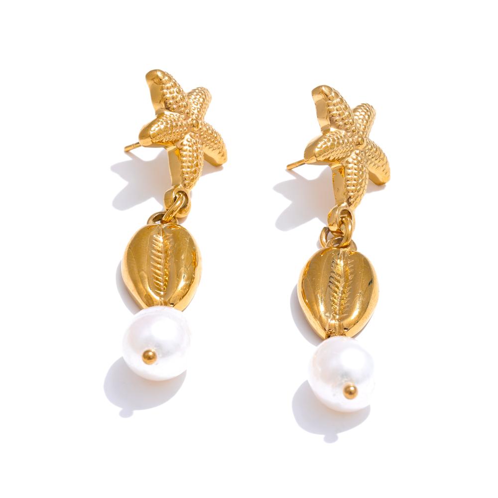 Yhpup Starfish Shell Drop Natural Freshwater Pearl Earrings Summer Stainless Steel Charm Daily Jewelry Wholesale Gift