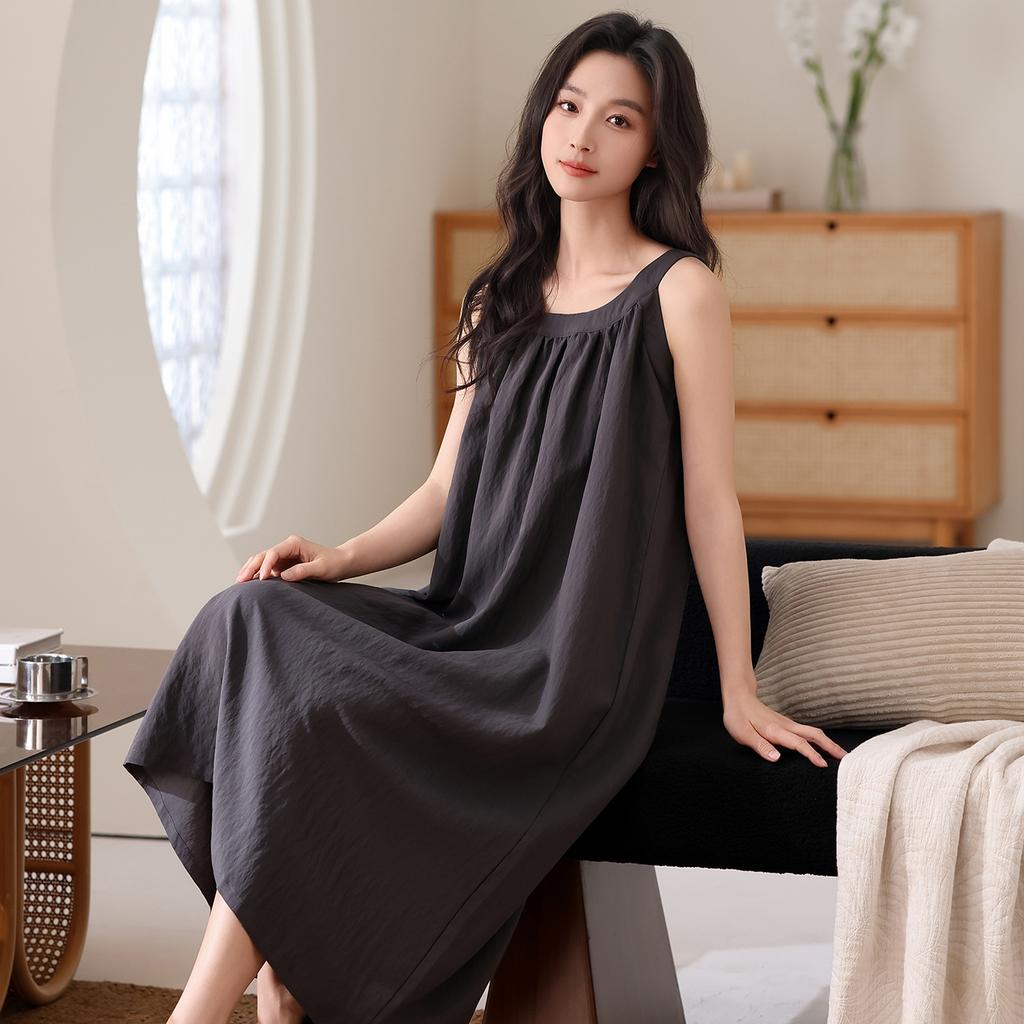 Suspender nightdress women's cloud cotton cool solid color sleeveless neck pajamas with chest pads summer loungewear can be worn outside