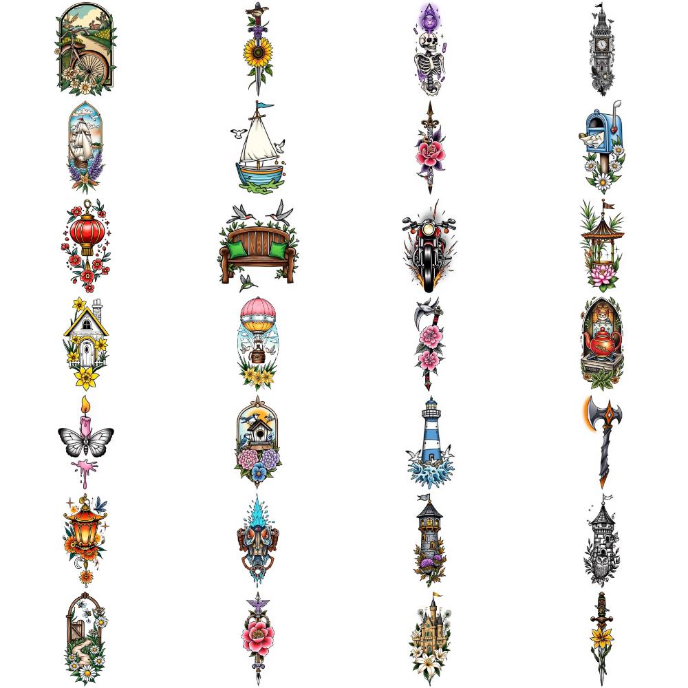 28pcs Temporary Tattoo Waterproof Long-lasting Body Stickers Battle Axe Tattoo Hot Air Balloon Illustration For Men Shoulders