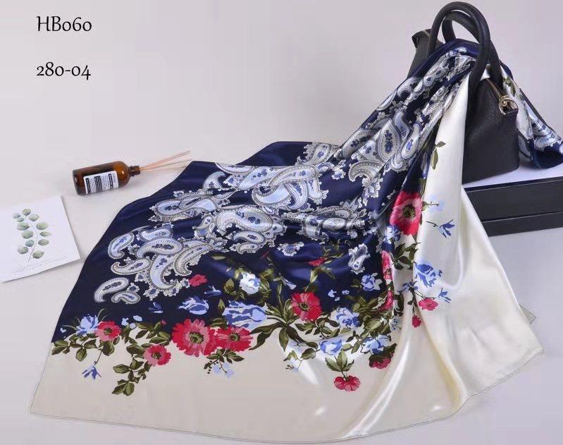 [BYSIFA] New Blue Pure Silk Satin Scarf Shawl Women Brand Floral Design Large Square Scarves Elegant Muslim Ladies Head Scarf