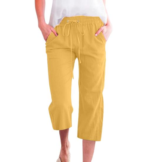 Женские укороченные брюки средней посадки с эластичной талией, регулируемые повседневные брюки на шнурке с карманами, свободные летние брюки