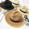 Women Natural Wide Brim Burr Raffia Straw Hats Fringe Women Plain Large Beach Summer Sun Caps Big Straw Cap Chapeau