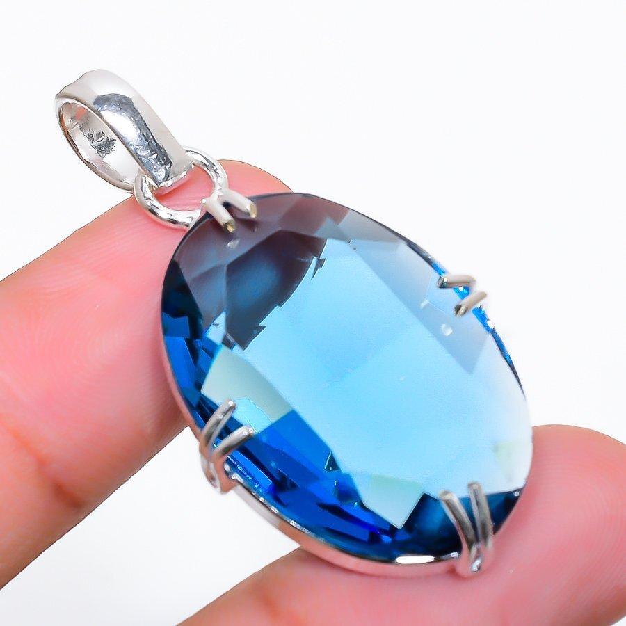 Swiss Blue Topaz Gemstone 925 Silver Jewelry Pendant 1.81"