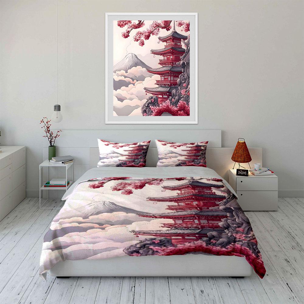 Japanese Scenery Art Set Decor Bedding Set with 1 Duvet Cover 2 Pillowcases Single Double King Queen, Gift