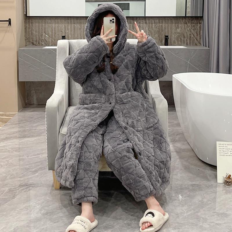 PLUS SIZE Длинный халат с капюшоном, пижама из хлопчатобумажной фланели, парный пижамный комплект, зимняя свободная домашняя одежда, утепленная теплая ночная рубашка