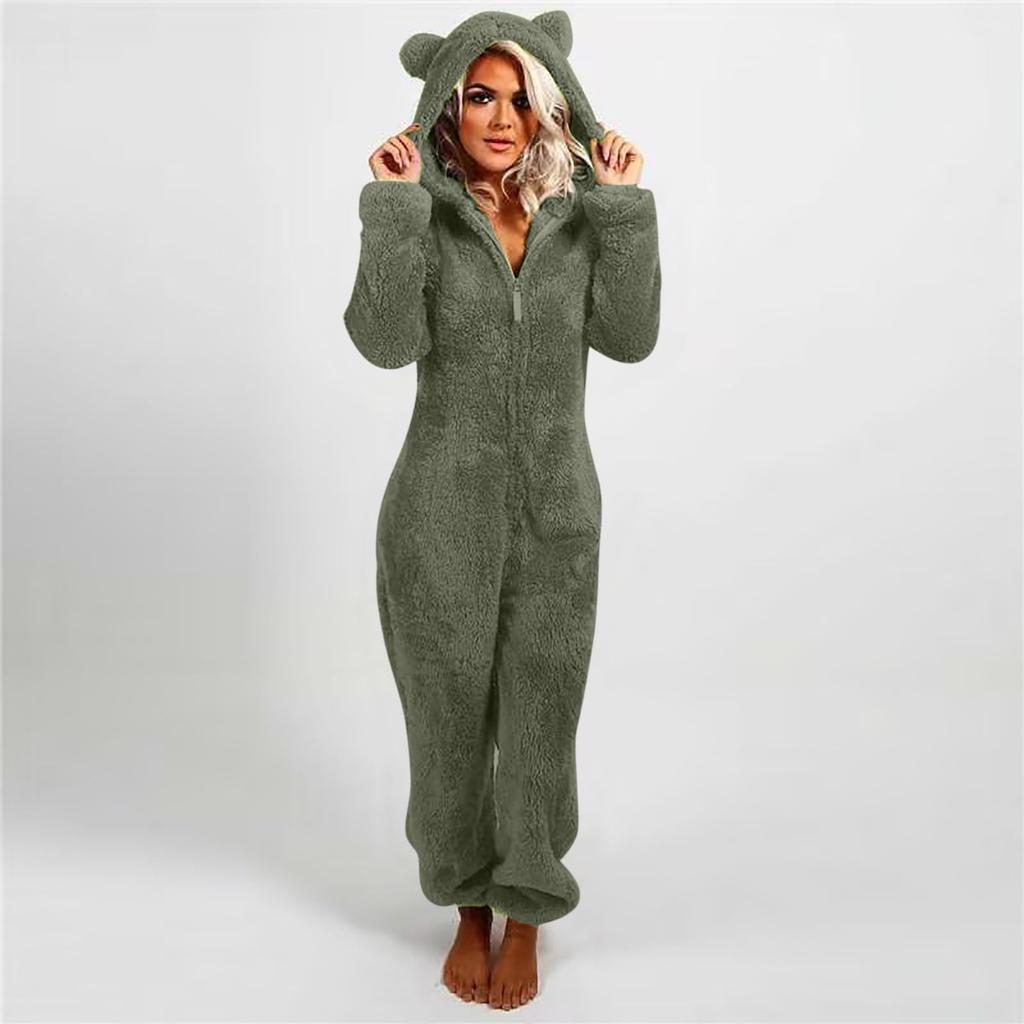 Women's Fashion Solid Colour Home Plush Warm Hooded Casual Pajamas Soft And Comfortable Jumpsuit