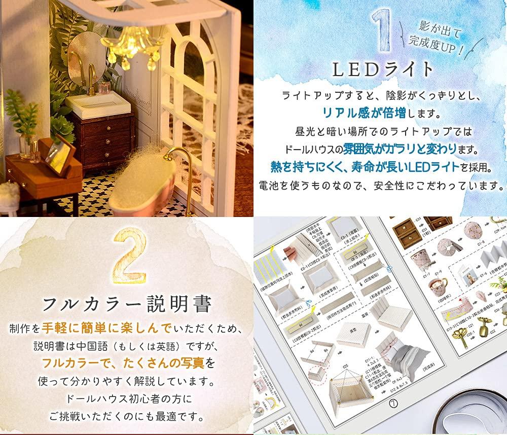 moin moin Scale Dollhouse Miniature DIY Kit Modern Antique Style with LED Light and Acrylic 2107DH269 1/32 Set, "Happy Days" Hotel, Bedroom, White,