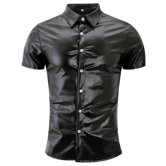 Летняя мужская рубашка с глянцевой поверхностью и отложным воротником, однобортная с короткими рукавами, свободный однотонный топ для вечеринки, ночного клуба, танцевальной уличной одежды