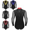 Mens Ballroom Dance Leotard See Through Mesh Long Sleeve Deep V Neck Sparkling Rhinestones Tango Costume
