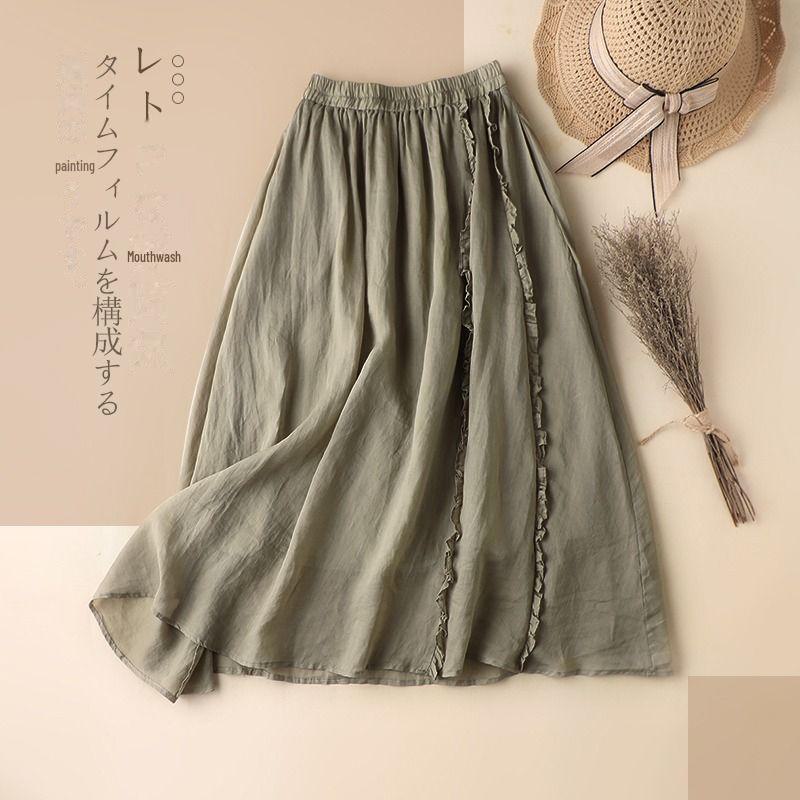 Trendy Cotton-Linen High-Waisted A-Line Skirt: Mid-Length with Ruffled Edges for a Slimming, Drapey Fit.