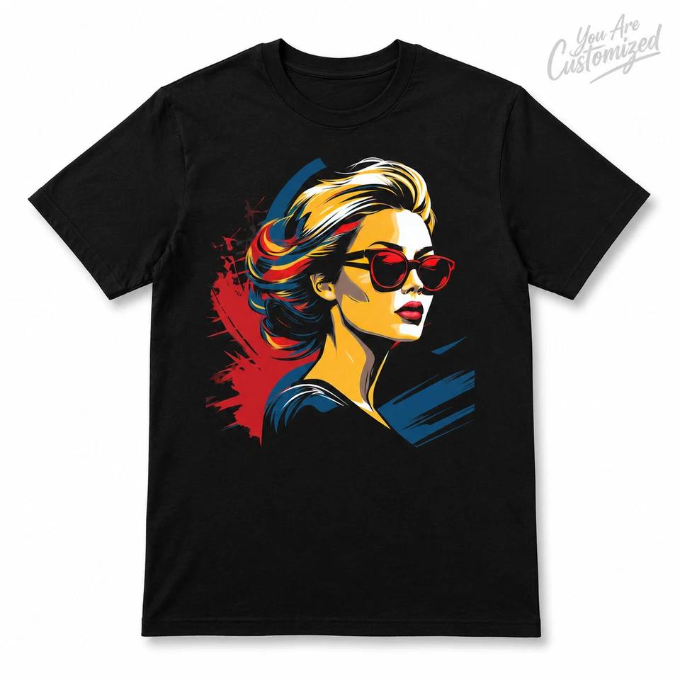 Pop Art Woman Sunglasses T Shirt Black or White Unisex Fashion Graphic Tee 1