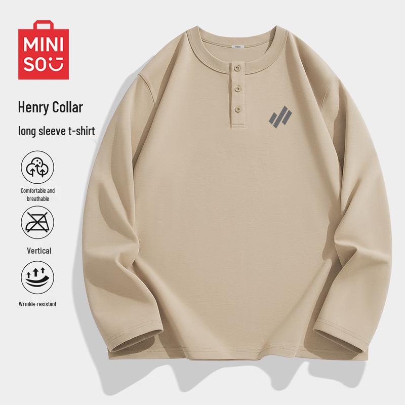 MINISO Мужская американская ретро футболка с длинным рукавом Хенли
