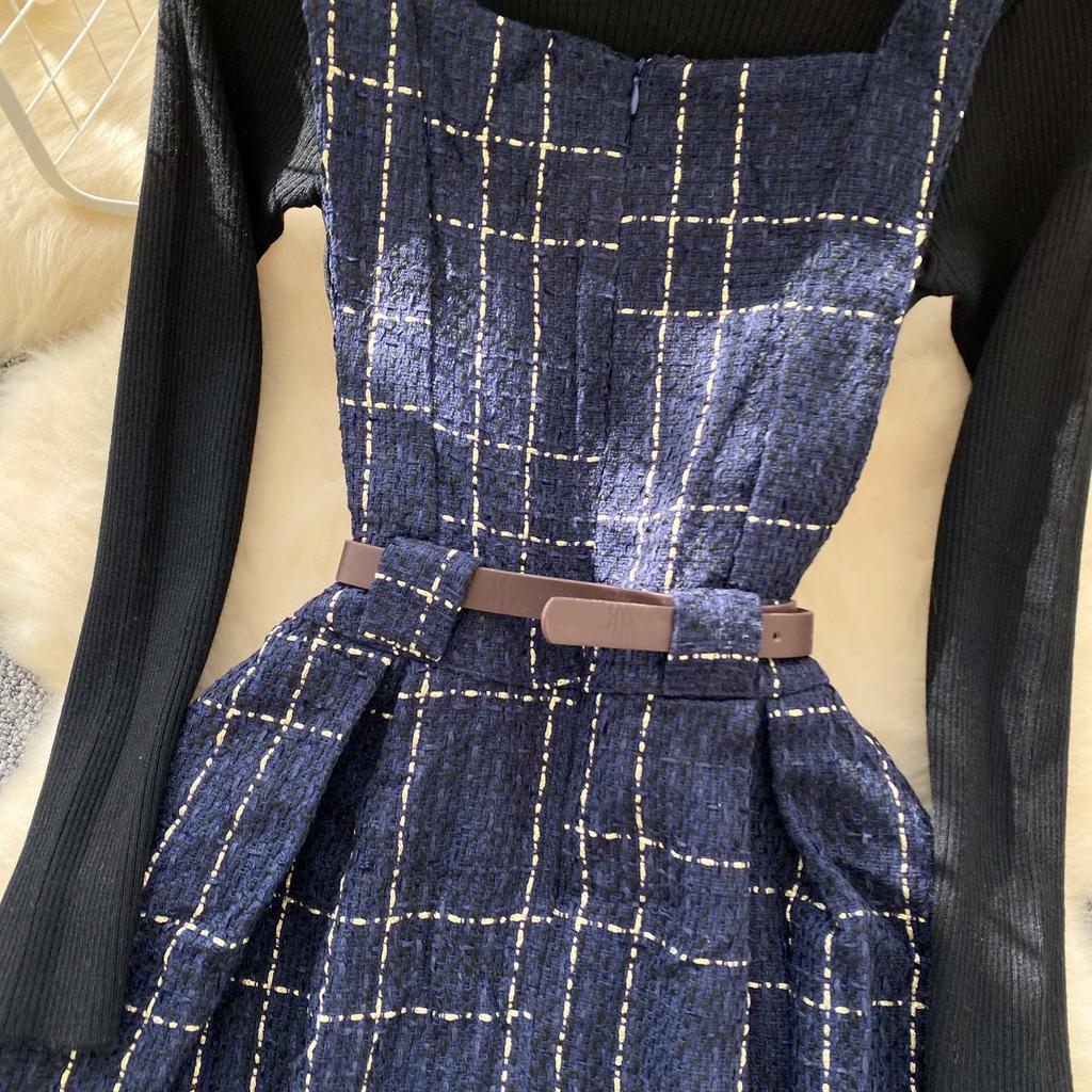 Осенне-зимний женский комплект свитер-платье, повседневный вязаный пуловер, топы + клетчатое твидовое платье, наряды из 2 предметов, женский с поясом