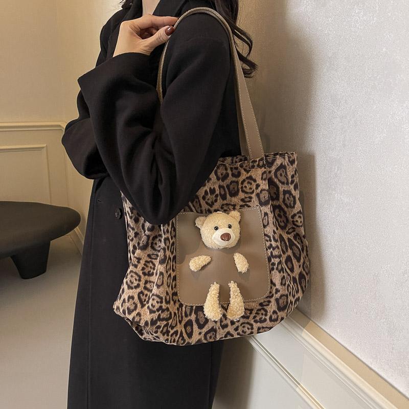 Винтажная леопардовая сумка-тоут большой емкости с принтом медведя через плечо для женщин