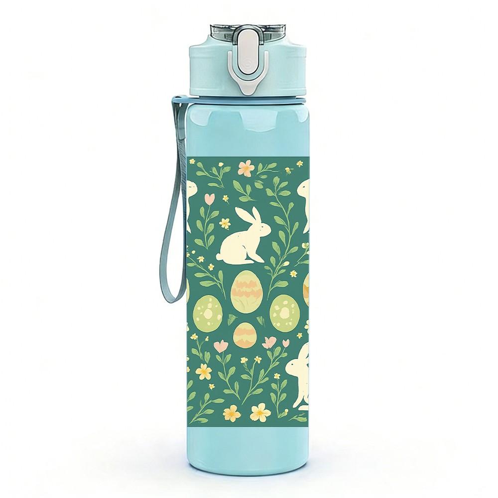 1PC Rabbit Clover Green Background Pattern Print 750ml Color Plastic Sports Water Bottle Leakproof Flip Straw Lid Suitable for Sports Office Home Use