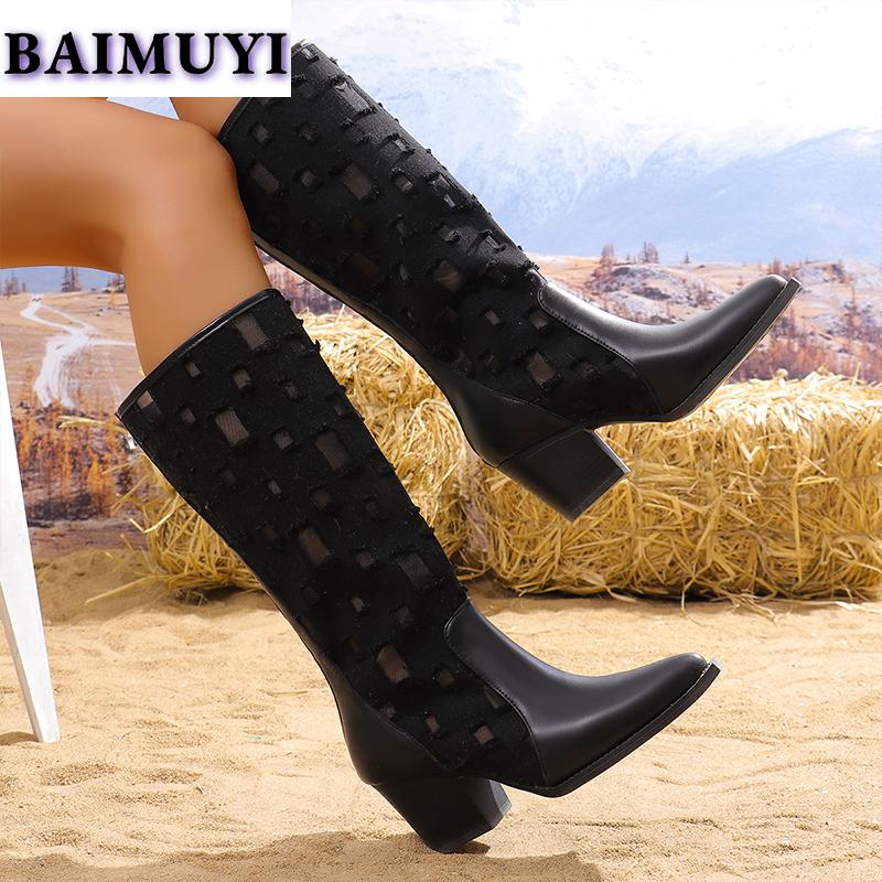 Сексуальные сапоги до колена, женские туфли с острым носком и высоким каблуком, тренд 2025 года, дизайнерские массивные ботинки челси, полые туфли-лодочки Mujer Botas