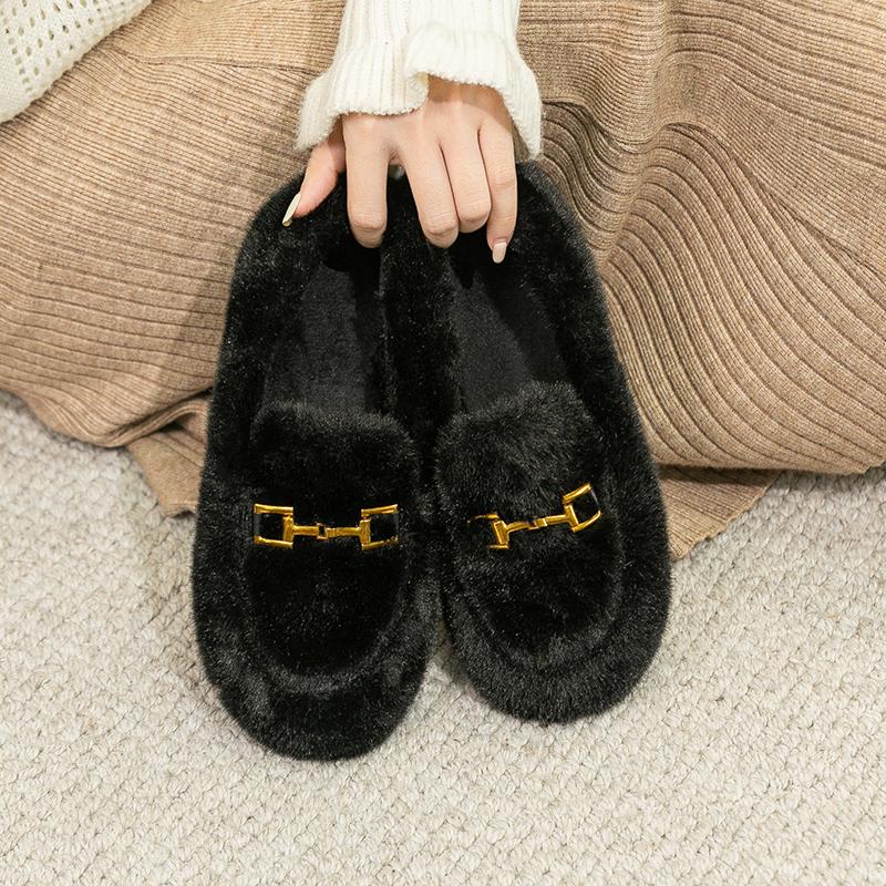 2023 Winter Women's Outdoor Plush Warm Shoes Korean Style Metal Decoration Snow Boots White Boat Shoes Ladies' Casual Flats