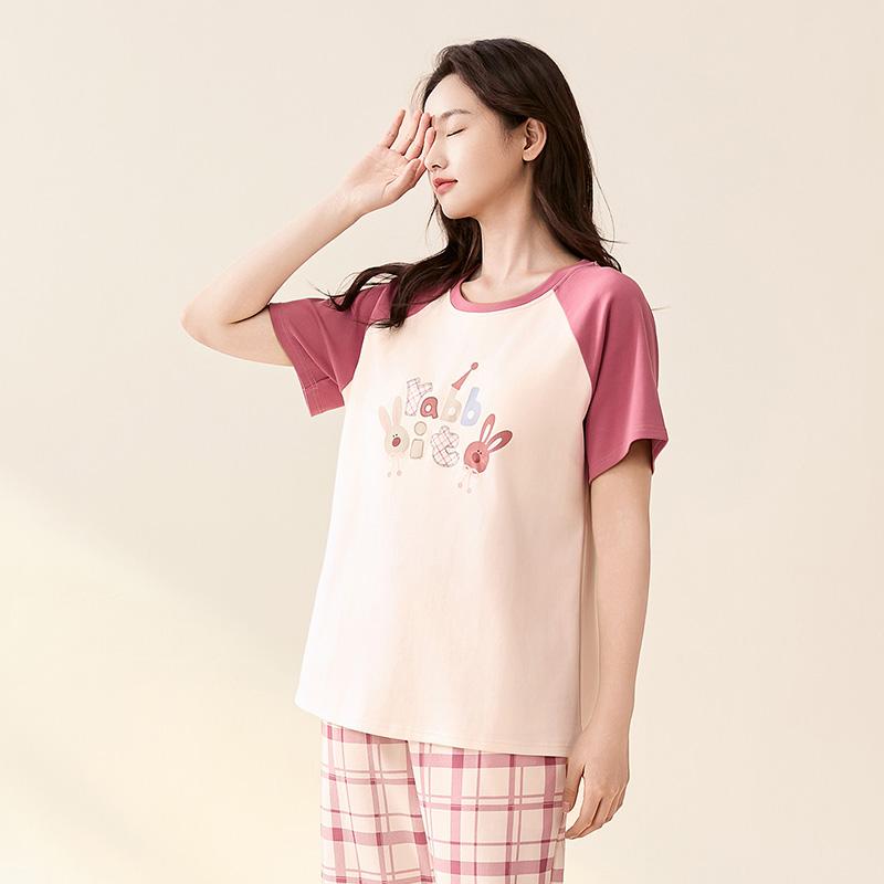 Fentengan 100% pure cotton with chest cushion, soft round neck plaid outer short sleeved home suit set, women's pajamas